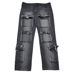 Rebel Vengeance Cargo Jeans 38 Black Frayed Multi Pocket Skull Punk Streetwear